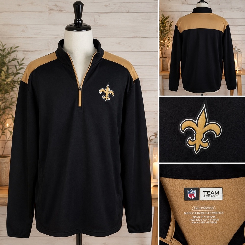 NFL Team Apparel New Orleans Saints Mens 2XL Black Gold Quarter Zip Pullover